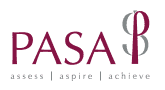 Logo with the text PASA in maroon, a large overlapping gray P and maroon A, and the words assess | aspire | achieve in lowercase gray letters underneath.