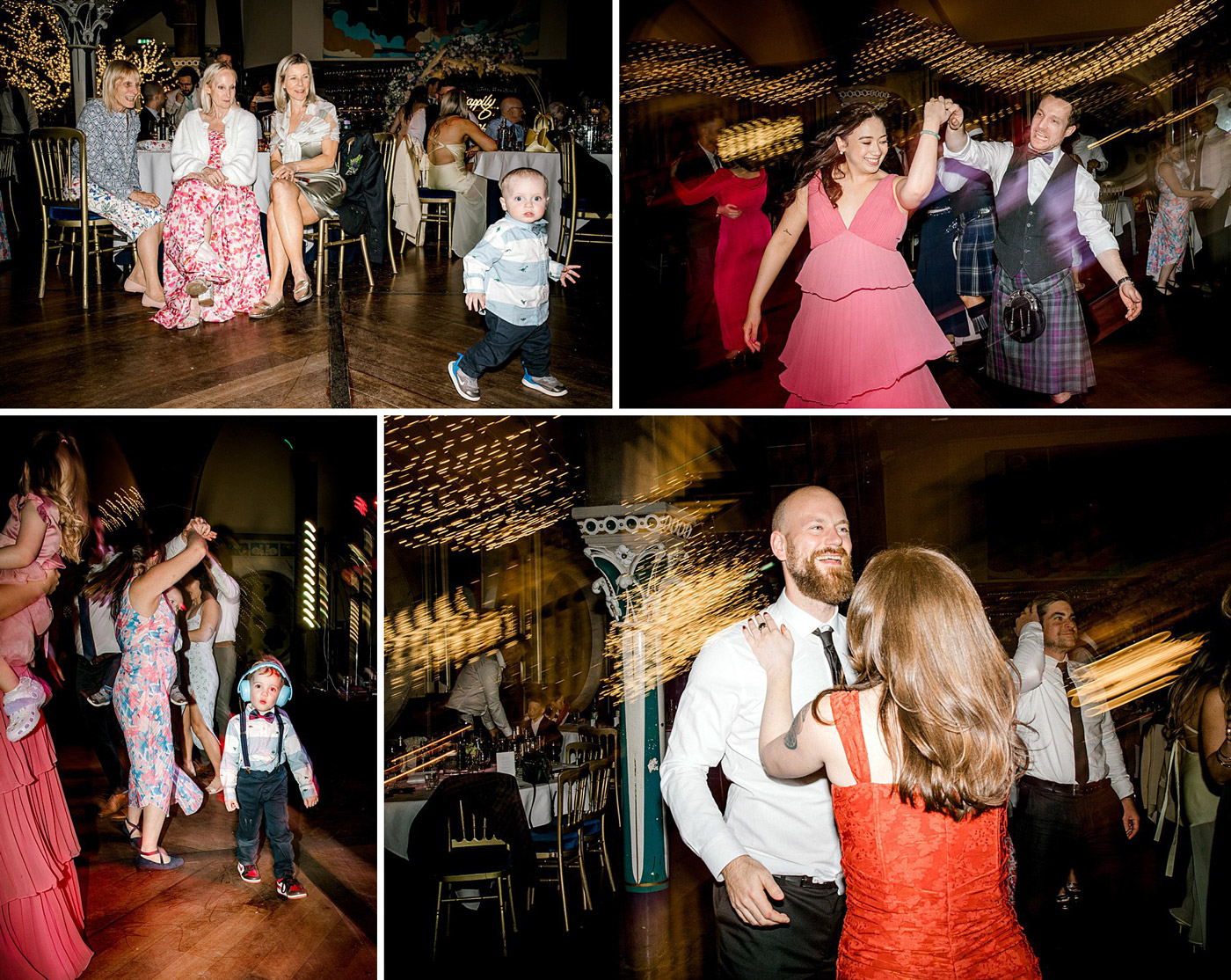 A collage shows people enjoying a lively indoor celebration: guests sitting and watching, a toddler walking, couples dancing, and blurred lights creating a festive atmosphere.