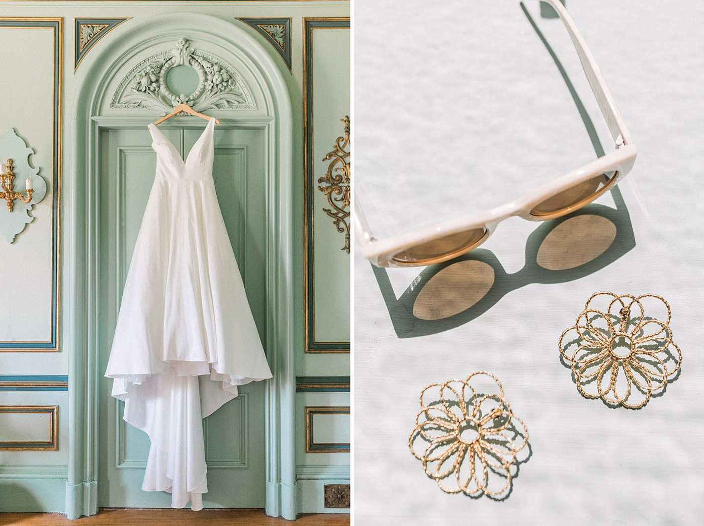 A white wedding dress hangs on a mint green ornate door. Next to it, white sunglasses and two gold flower-shaped earrings rest on a white textured surface.
