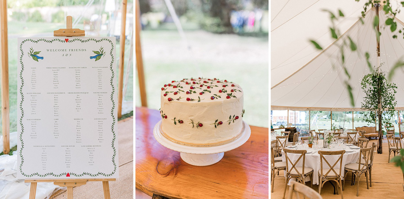 Three-panel image: a wedding seating plan on an easel, a white cake with red and green decorations on a wooden table, and elegantly set round tables with wooden chairs inside a light-filled marquee.
