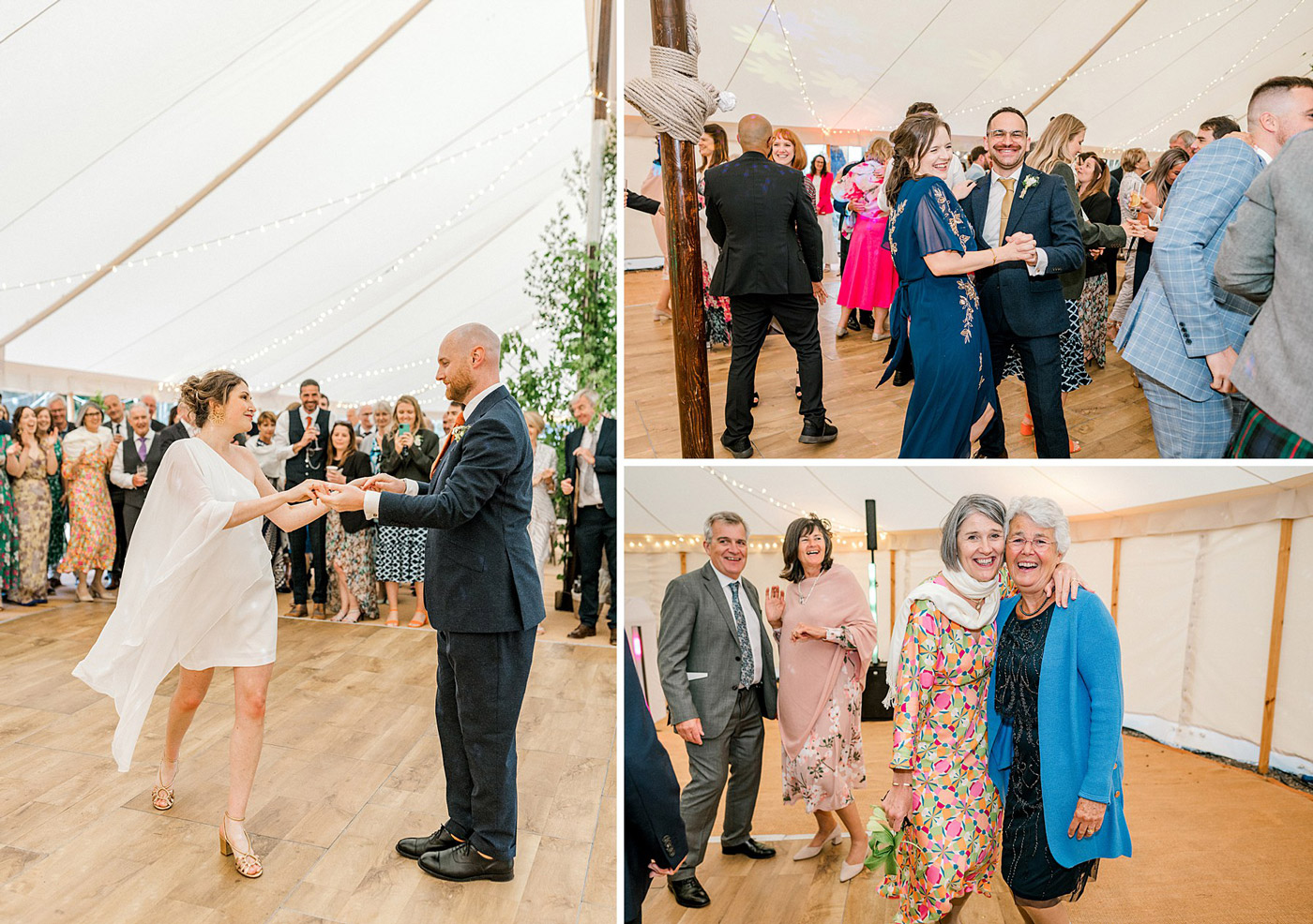 A collage of three photos shows people dancing and smiling at a wedding reception inside a white marquee, dressed in formal attire. Everyone looks joyful and engaged in celebration.