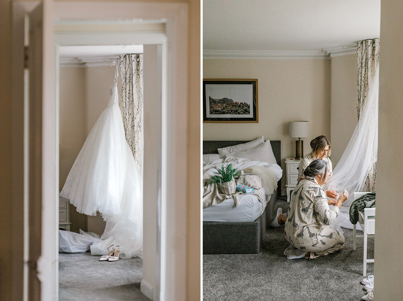 Left: A white wedding dress hangs in a doorway with white shoes beneath it. Right: Two women in dressing gowns sit on the floor near an unmade bed, one helping the other get ready beside the dress.