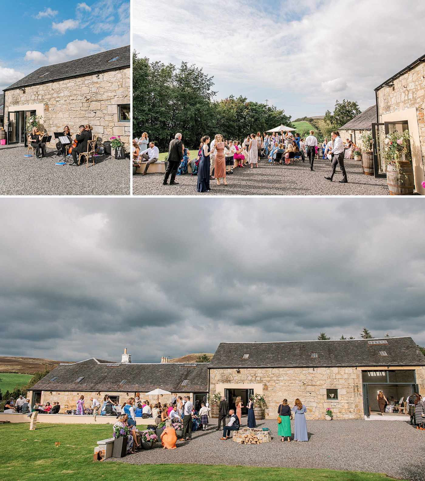 A wedding gathering outside a rustic stone barn, with guests socialising, musicians playing, and dramatic clouds in the sky over a green countryside landscape.