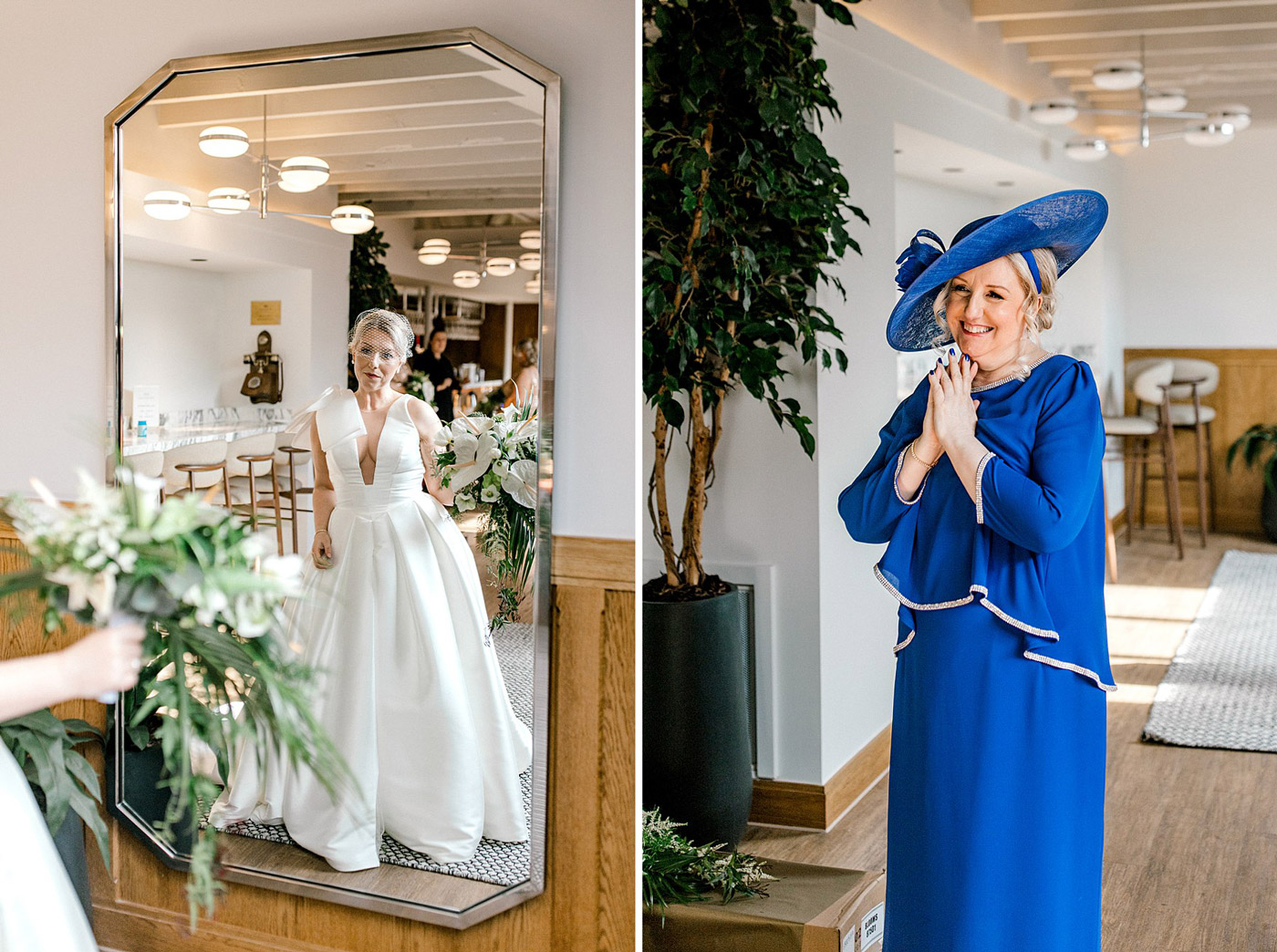 Split image: Left side shows a bride in a white gown looking at her reflection in a mirror and smiling. Right side shows a woman in a royal blue dress and matching hat, smiling and clasping her hands in delight.