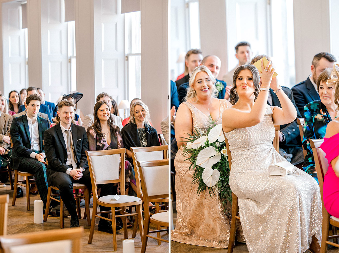 Guests at a wedding ceremony sit in rows, smiling and watching the event. One woman in a sparkly dress is seated at the aisle, holding a mobile up to take a photo or video. The atmosphere is joyful and celebratory.