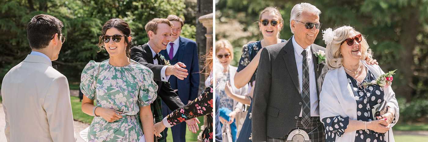 Two photos side by side: On the left, well-dressed people greet each other outdoors; on the right, a smiling older couple in sunglasses walk arm in arm among other guests at a sunny outdoor event.