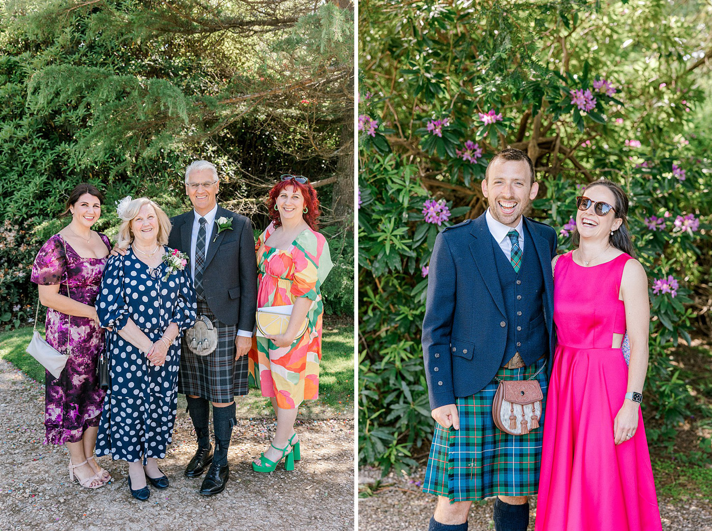 Two photos side by side: Left—three women in colourful dresses and two men in kilts stand smiling outdoors. Right—a man in a green kilt and navy jacket stands with a woman in a bright pink dress, both smiling.