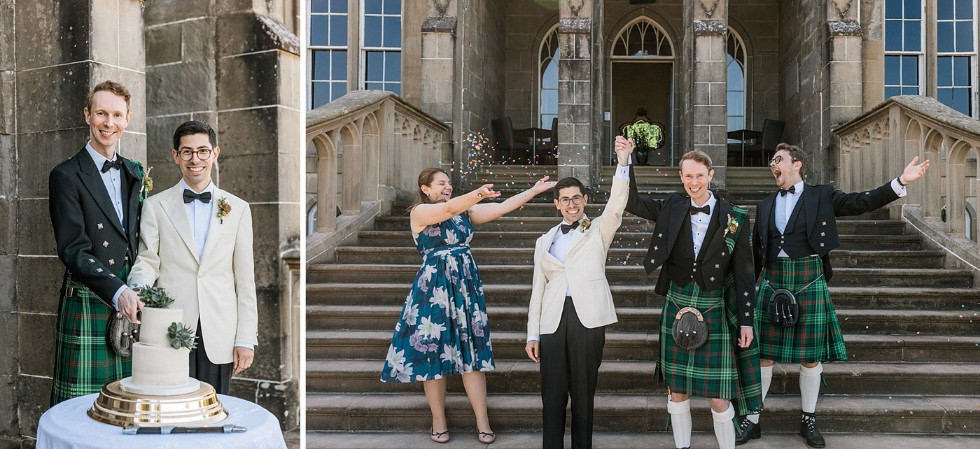 Two grooms, one in a white tuxedo and one in a black jacket and green tartan kilt, celebrate outside a stone building; they stand by a wedding cake and are showered with confetti by a woman in a blue floral dress.