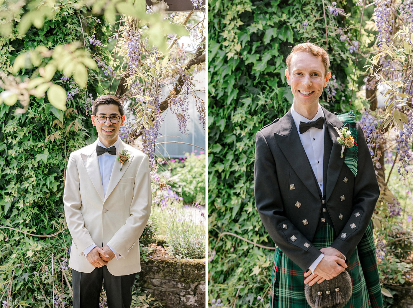 Two men standing outdoors in formal wear. The man on the left wears a cream-coloured dinner jacket and glasses. The man on the right wears a black jacket and a green tartan kilt. Both are smiling with greenery and flowers in the background.