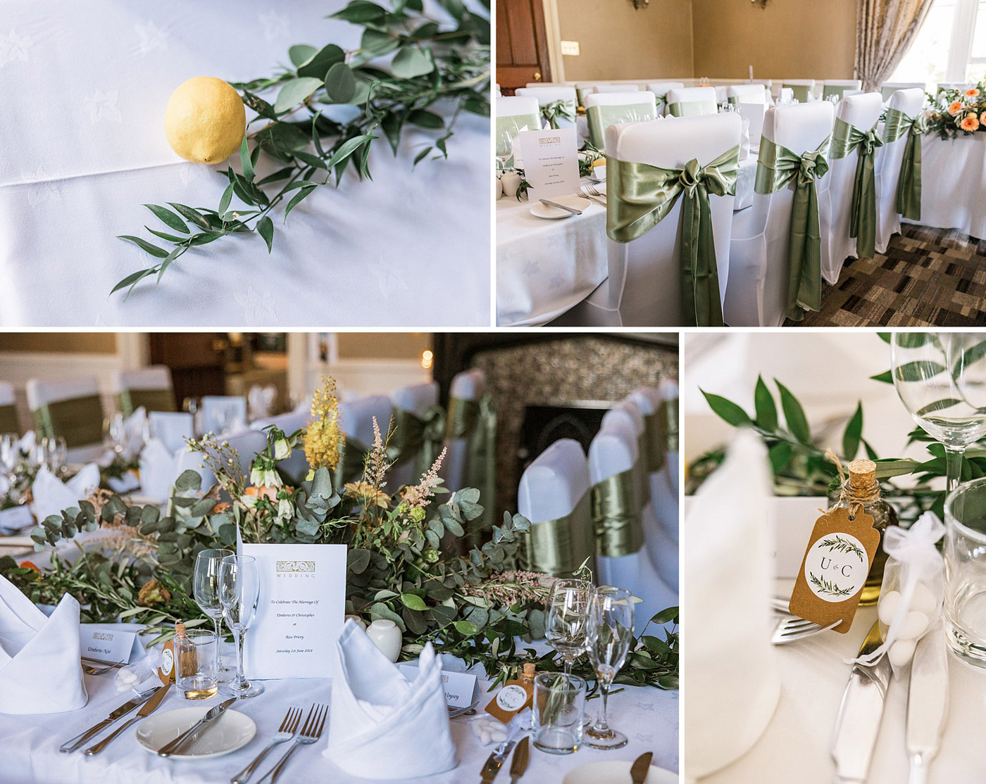 A collage of elegant wedding table settings featuring white linen, green foliage, lemons, wine glasses, menus, and chairs decorated with green satin bows and personalised tags.