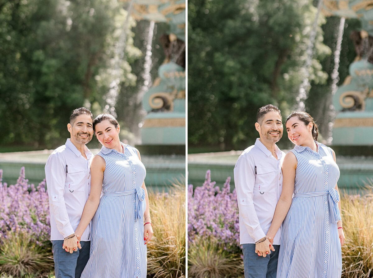 Happy engaged couple at Edinburgh Castle with beautiful garden background.